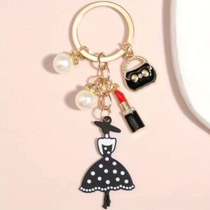 New Modern Lady Keychain Gold Tone Bag Charm Purse, Red Lipstick, Faux Pearls